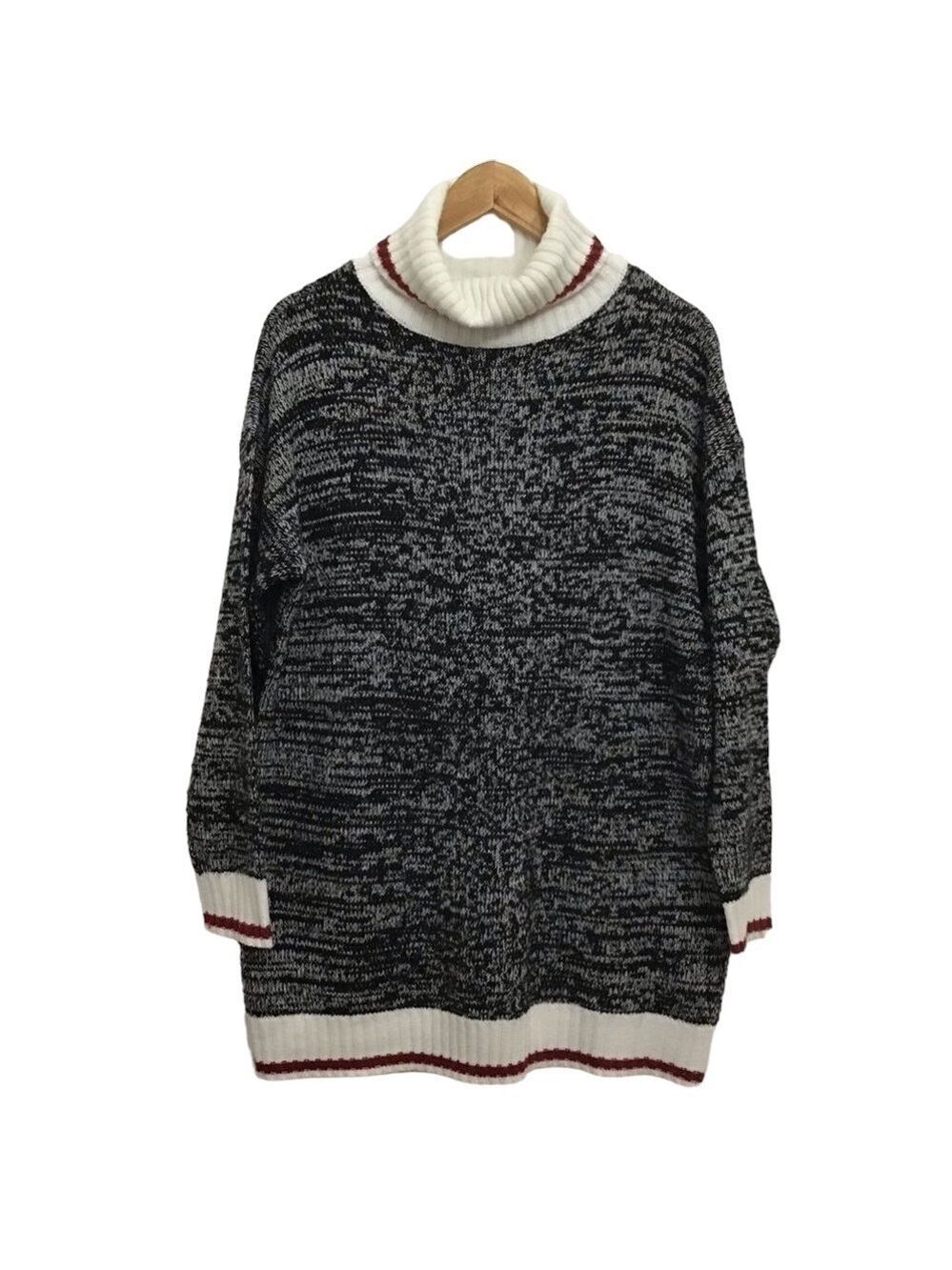 GREY red white chunky knit sweater large oversized turtle neck cowl